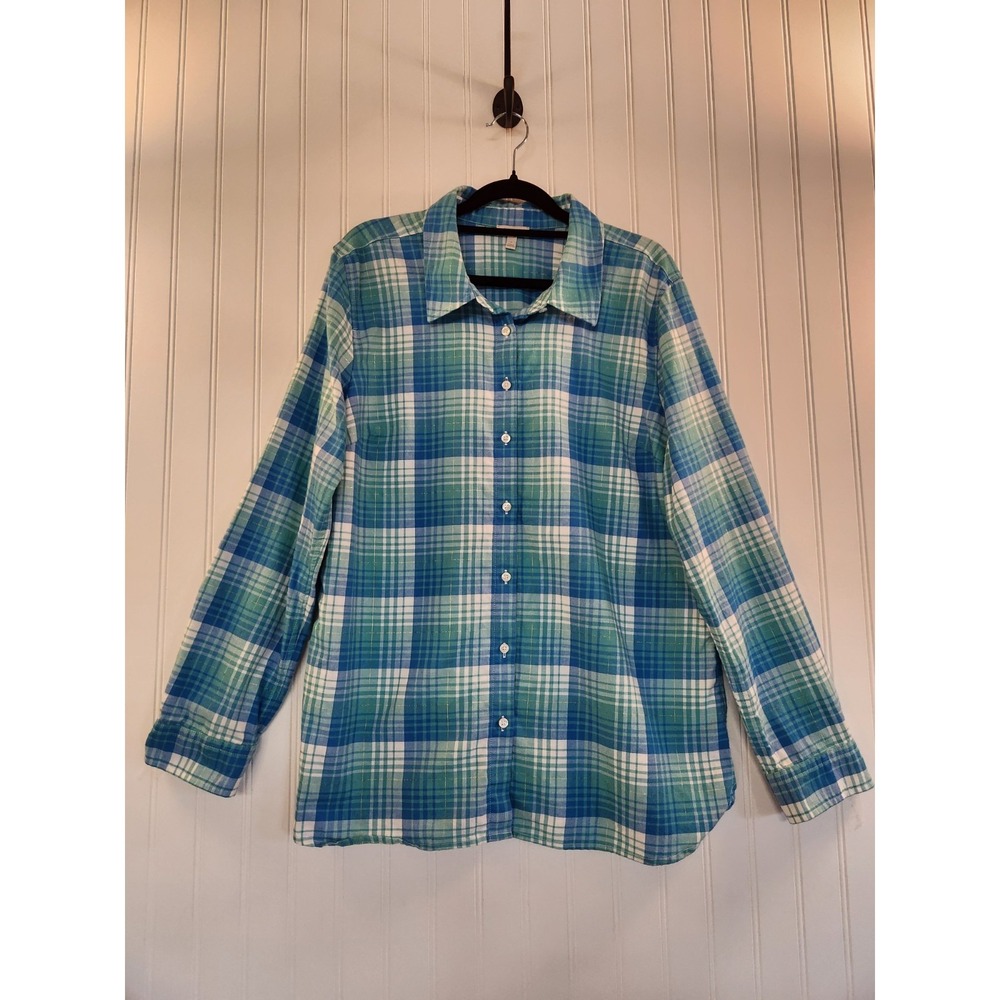 Talbots Women's Blue Turquoise Plaid Metallic Flannel Shirt Size L Casual Rugged